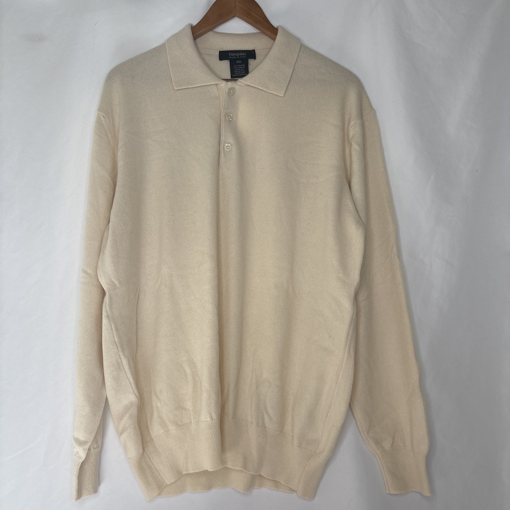Giorgiolini Polo Sweater Men XL Ivory 100% Cashmere Italy  Quiet Luxury NWOT